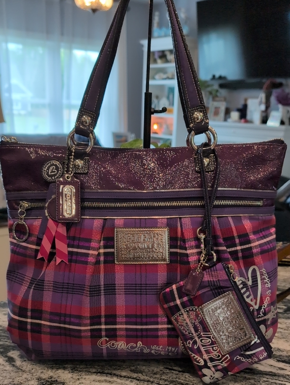 Coach Poppy Large Purple Plaid Tartan Glam Bag w/Matching Wristlet - RARE